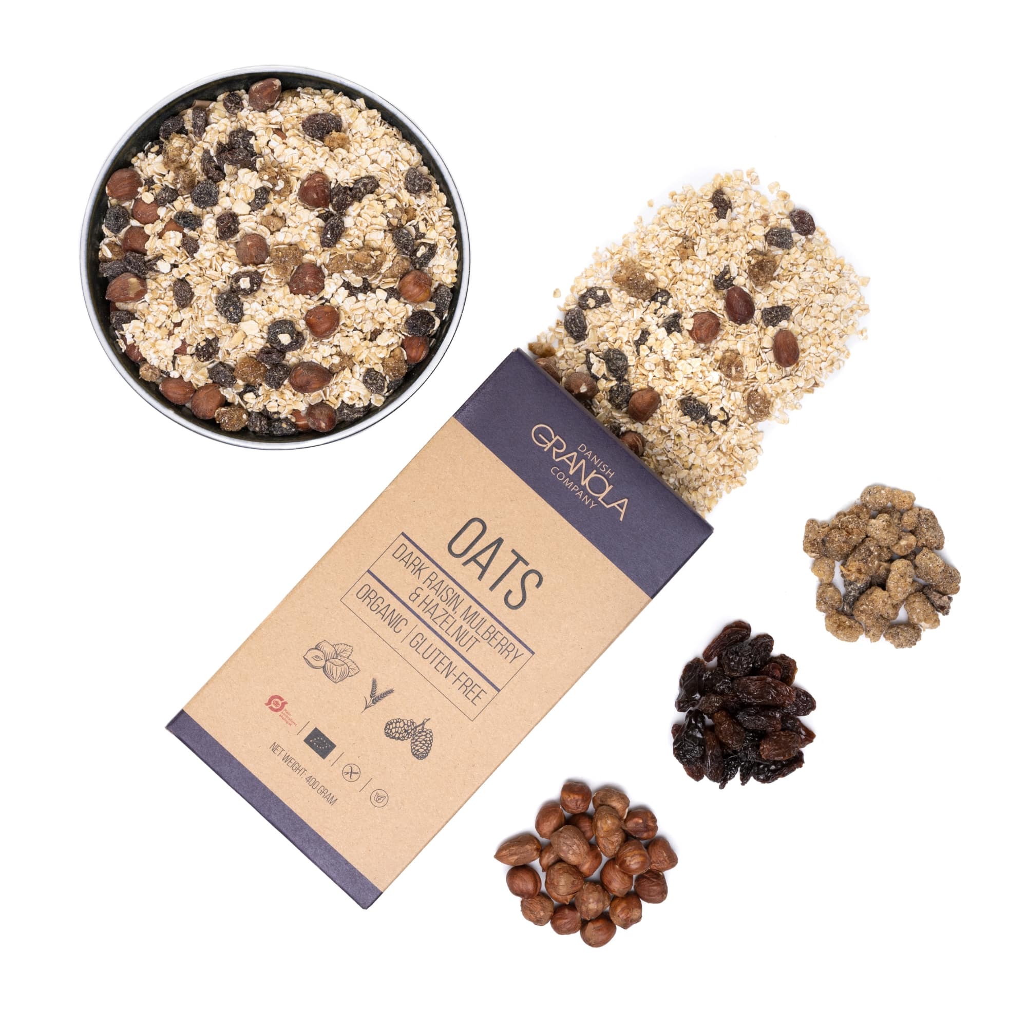 Øko Havregryn med Mørke Rosiner, Morbær & Hasselnødder – Danish Granola ...