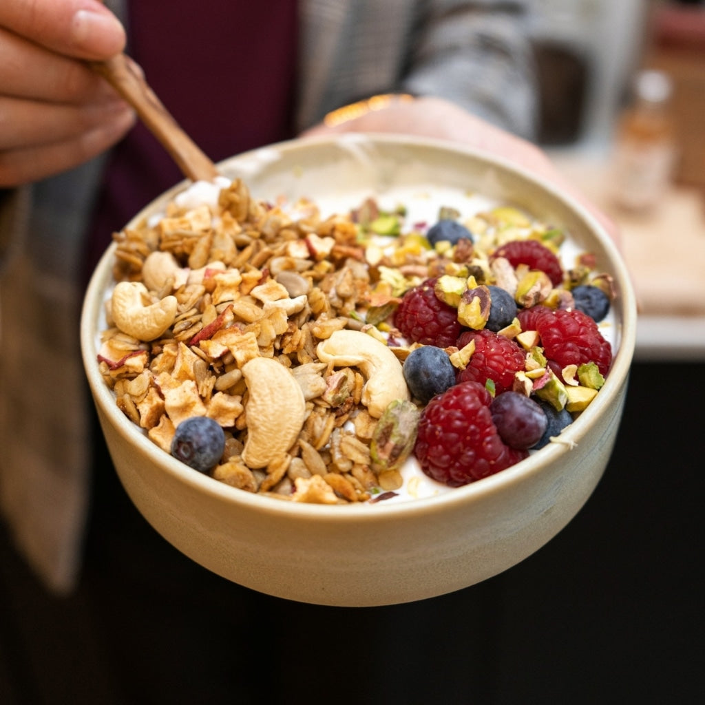 Meget lækker og rig på youghurt skål fra Danish Granola Company. Billede taget fra forsiden af en dame, der holder skålen. I skålen ser vi granola med æbletern og cashewnødder med nogle frugter som hindbær og blåbær som topping samt knækket pistacie.