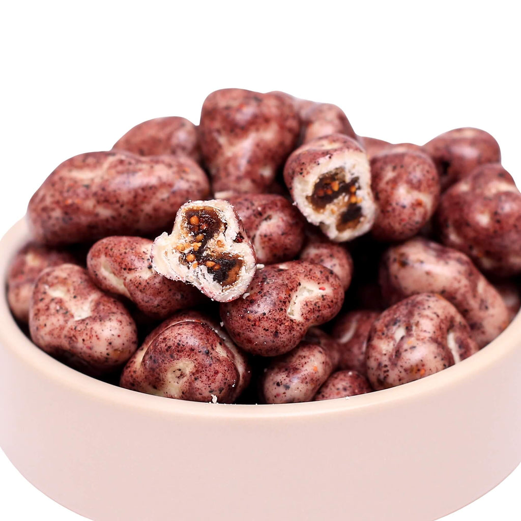 ØKO Figner med Hvid Chokolade fra Danish Granola Company tæt fotograferet fra siden