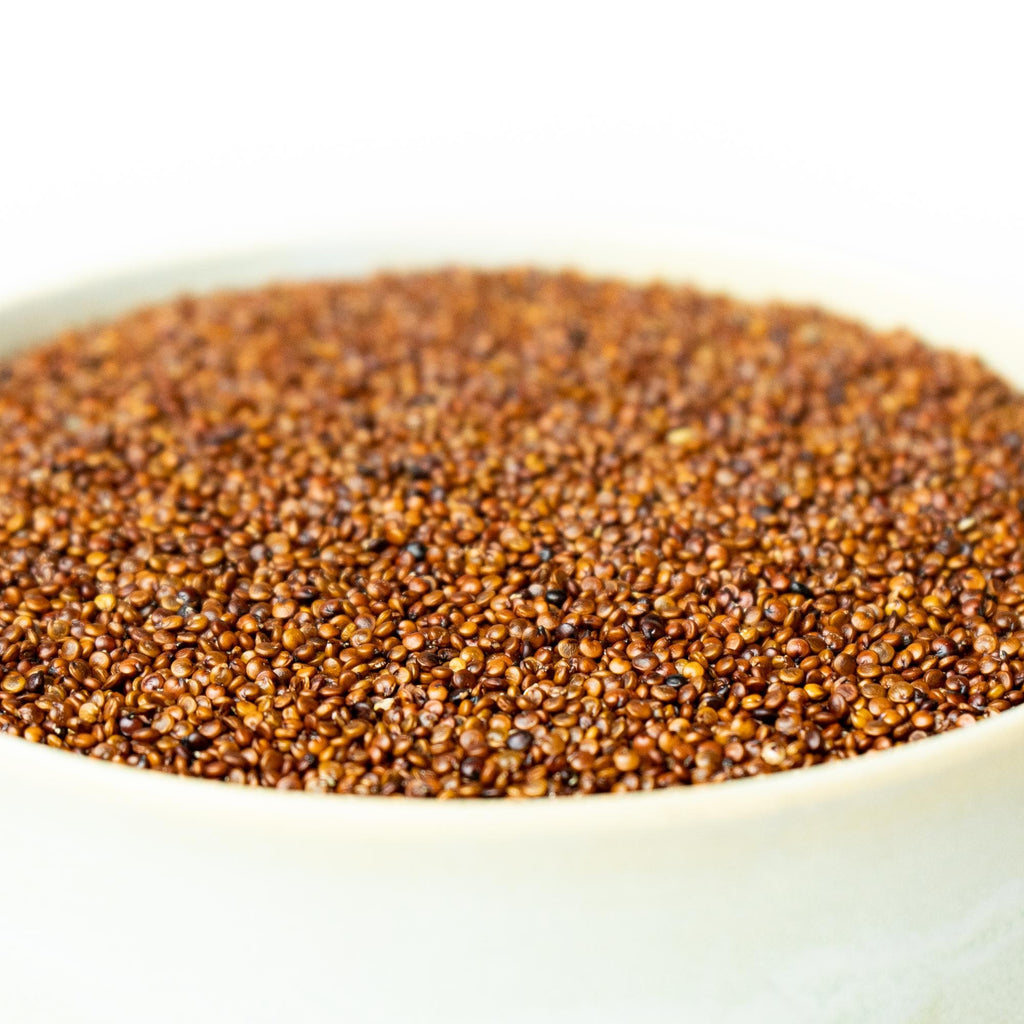 Rød quinoa, billedet er med hvid baggrund taget fra siden, hvor der er zoomet ind på quinoaen.